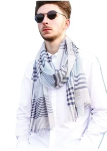 Cashmere and Merino Wool Ice Blue Gingham Wrap. 60cm x 180cm. For Men and Women. - Picture 1 of 4