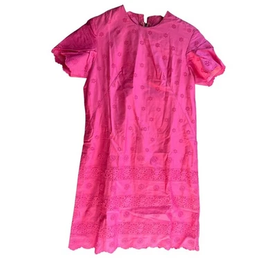 Vintage 60s MOD MCM Eyelet Mini Dress Embroidered Handmade Hot Pink Size M - Image 1 of 4