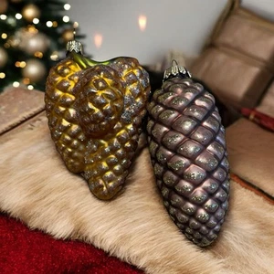 Pinecone Ornaments Blown Glass With Glitter Set Of 2 Vintage - Picture 1 of 4