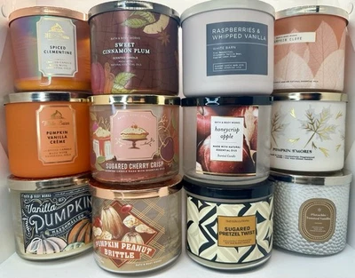 (12) EMPTY LOT Bath and Body Works Fall 3-Wick Candle Jars & Lids with some wax - Image 1 of 3