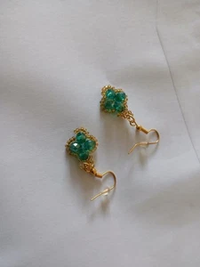 Handmade Beaded Four Leaf Earrings, Gold Plated Hooks, 4cm Drop. - Picture 1 of 3