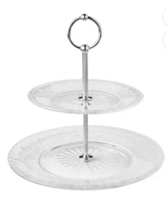 NEW Pioneer Woman CLEAR  2 Two-Tiered Glass TRAY HTF Embossed Server - Image 1 of 4