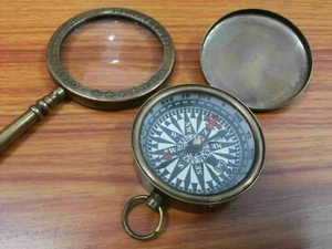 Antike Messing Lupe mit Messing Maritim Deckel Kompass Sammler Stil - Bild 1 von 4