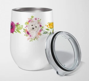 CK4203TBL12 Westie Pink Flowers Stainless Steel 12 Oz Stemless Wine Glass Insula - Picture 1 of 4