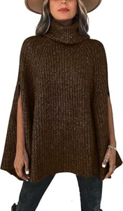 Woman's Chunky Knit Turtleneck Poncho Cape Wrap Pullover Sweater Jumper Top SZ L - Picture 1 of 6