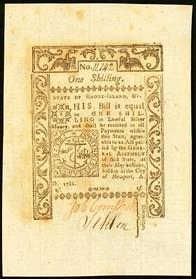 Rhode Island Colonial Currency May 1786 1s - STUNNING CHOICE CRISP NEW - Image 1 of 2