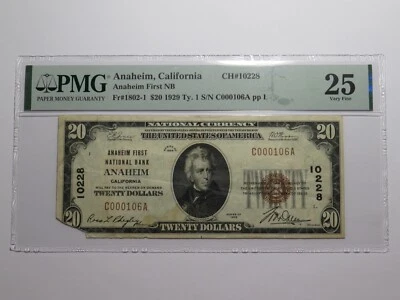 $20 1929 Anaheim California National Currency Bank Note Bill Ch. #10228 VF25 PMG - Image 1 of 4