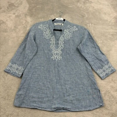 Топ Orvis вышитая льняная туника женский S (6/8) синий рукав 3/4 Lagenlook богемное - Изображение 1 из 4