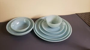 7 FIRE KING TURQUOISE BLUE SERVING PLATTER, PLATES, TEA CUP/SAUCER, BOWL - Picture 1 of 12