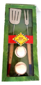 Hallmark BBQ Utensil Set Baseball Salt & Pepper Shakers Wooden Bat Spatula Fork - Picture 1 of 15