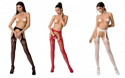 PASSION OUVERT STRUMPFHOSE SCHWARZ ROT WEISS STRAPSOPTIK reizwäsche netz - Bild 1 von 4