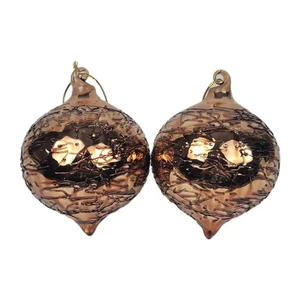 Vtg Handblown Glass Christmas Ornament~Embossed Hot Glass String~Bronze Set of 2 - Picture 1 of 7