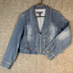 BACCINI Cropped Denim Jacket Womens L Studded Hook Closure Flaps Shawl Collar - Picture 1 of 14