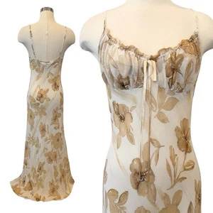 90s Victoria’s Secret Silk Chiffon Ivory Cream Floral Print Maxi Gown Slip Dress - Picture 1 of 11