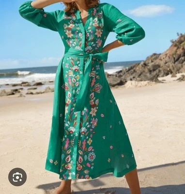 Vestido Boden Addie 100% Lino Verde Midi Estampado Floral Talla 10R Foto 1 de 4