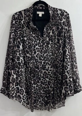 Coldwater Creek Women 2X Animal Print Top Long Sleeve Black Brown Pleated V Neck - Image 1 of 4