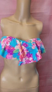 Hula Honey Women's Light Blue Nylon Floral Strapless Tie Back Bikini Bra Size S - Picture 1 of 6