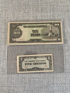 LOT The Japanese Government 10 Pesos & 5 Centavos Notes Bills WW2 Invasion Money