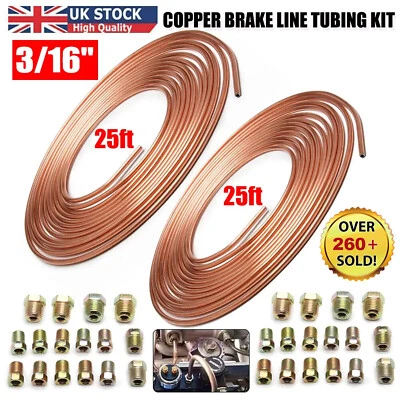 2X 25FT Copper Brake Pipe Hose Line Tube Roll 3/16'' Fittings Tubing Kit 32 Nut - Image 1 of 4