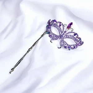 Purple Masquerade Ball Mask, Theatrical Stick Mask, Wedding Mask, Silver Mask - Picture 1 of 10