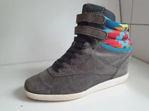 REEBOK CLASSIC FREESTYLE HI TOP UK 6.5 EU 40 WOMENS GREY BLUE HEELS TRAINERS  - Picture 1 of 16