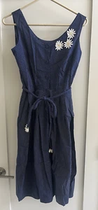 Vtg 60s VANCE blue polka dot Cotton Daisy Day Dress Belt Short Sleeve M - Picture 1 of 9