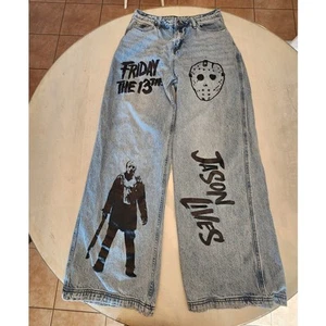 Hot Topic Friday The 13th Jason Wide Leg Jeans SZ 9 Halloween Horror - Picture 1 of 8