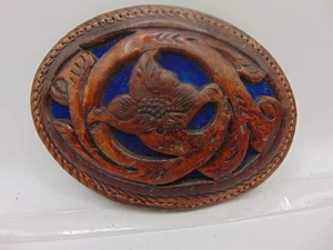 Fibbia cintura vintage pelle ritagliata fiore floreale western blu e marrone 6253 - Foto 1 di 6