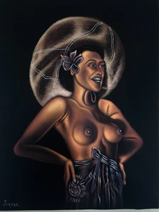 Tropical Nude Hawaiian Girl Polynesian Girl Black Velvet Oil Painting Signed Art - Bild 1 von 4