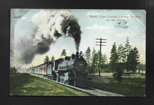 1908 North Coast limitierte Eisenbahn verlässt Spokane für die Küste Postkarte - Bild 1 von 1