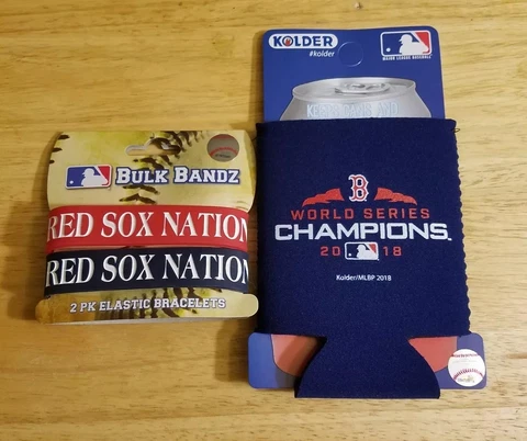 1 PACK OF 2 BOSTON RED SOX RED & BLUE RUBBER WRIST BANDS w/LOGOS, and CAN HOLDER Cover
