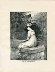Alice the Millers Daughter sitting on stone wall 1892 engraving antique print - Picture 1 of 4