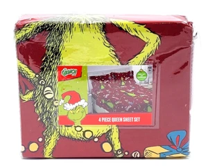 Dr. Seuss The Grinch 4-Piece Queen Sheet Set Christmas Holiday Red Polyester - Picture 1 of 5