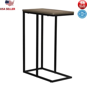 Modern C-Shaped Side Table Rustic Wood Grain & Metal Multipurpose End Table New - Picture 1 of 6