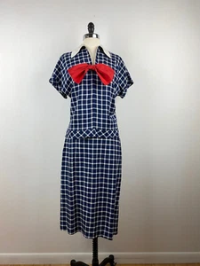 Vintage 60er Zweiteiler Kleid Gerader Rock Drop Waist Top Mittelblau Kariert Schleife - Bild 1 von 11