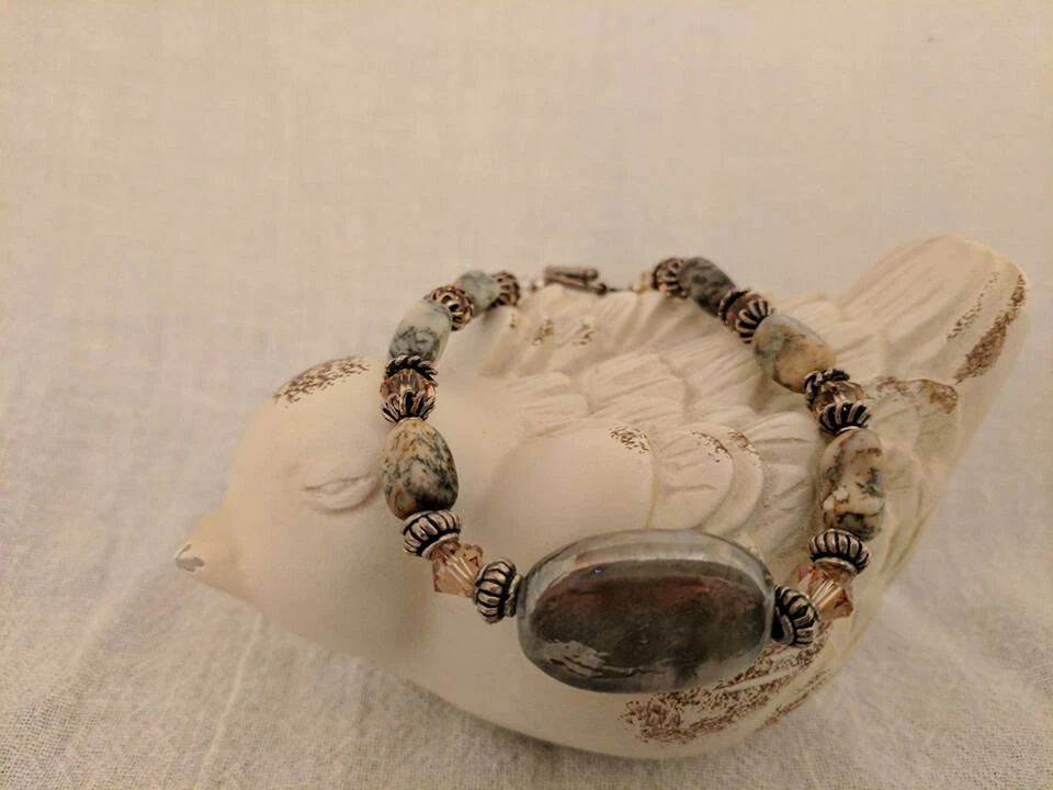 bracelet Porcelain focal Picture Jasper Swarovski antique SS toggle clasp. 8"  - Image 1 of 1