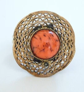Antique Signed Germany Gold Tone Filigree Adjustable Ring Orange Stone - Picture 1 of 5