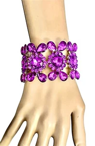 1.75" W purple Crystals Silver Tone Chunky Oversized Party Evening Bracelet - Picture 1 of 2