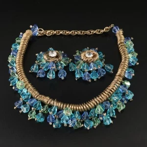 VTG 1950s Stunning Blue & Green Crystal Bead Necklace and Clip-On Earrings Set - Picture 1 of 5