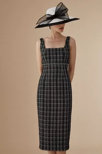 COAST Lisa Tan Tweed Pencil Midi Strap Dress Black Silver UK 12 BNWT RRP £149 - Picture 1 of 19