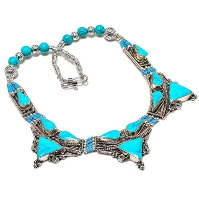 Turquoise Tibetan Gemstone Necklace 925 Silver Handmade Antique Nepali Jewelry - Image 1 of 4