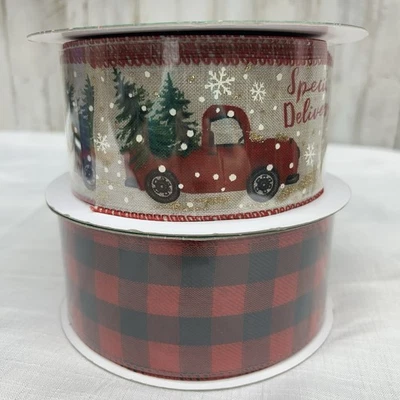 Ribbon Wire Edge 2.5" 50 yards Roll Red Buffalo Plaid Truck Christmas 2 roll lot - Image 1 of 2