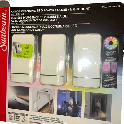 Paquete de 3 luces nocturnas de emergencia con fallo de alimentación LED cambiantes de color Sunbeam nuevas Foto 1 de 4
