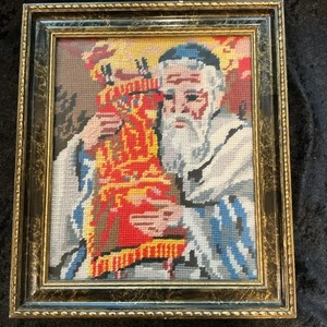 VTG NEEDLEPOINT Picture Of Rabbi & Torah Framed 11” X 12 1/2” On Austrian Cotton - Picture 1 of 14