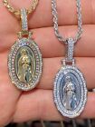 925 Sterling Silver Virgin Mary Necklace Pendant CZ Medallion Icy Chain Baguette