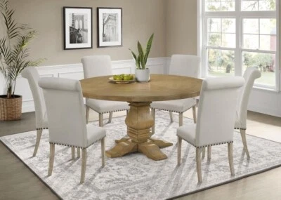 JUEGO DE MUEBLES MESA DE COMEDOR REDONDA Y 4 SILLAS TAPIZADAS BEIGE 7 PIEZAS 60" Foto 1 de 4