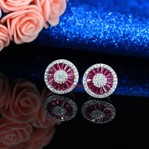 CZ Stud Earrings Russian cz halo simulated ruby sapphire emerald w lighted box  