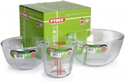 Pyrex Set Glass 2 Mixing Bowl ,1 Measure jug Ovenware Fridge Freezer  NEW - Image 1 of 4