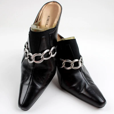 Vtg. Bellini Leather Metal Link Black Ankle Boots Sz 8 Heel is 2 1/2" - Image 1 of 4
