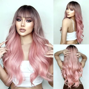 Pink Wigs for Women, Long Wavy Curly Wigs, No Lace Colored Wigs with Bangs, Ombr - Picture 1 of 8